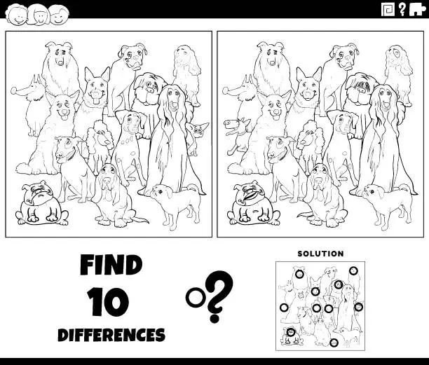 Vector illustration of differences game with purebred dogs coloring page