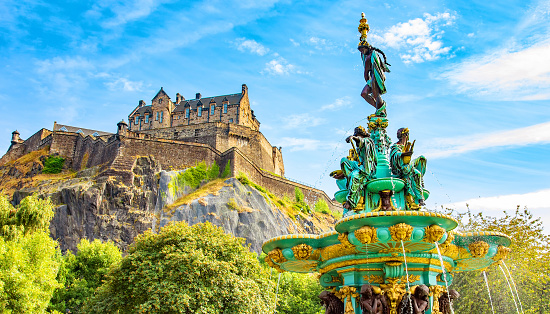 Edinburgh, Scotland - Jan 17, 2024 - Amazing Edinburgh Cityscape seen from the top of Salisbury Crags. Destinations in Europe, Space for text, Selective focus.