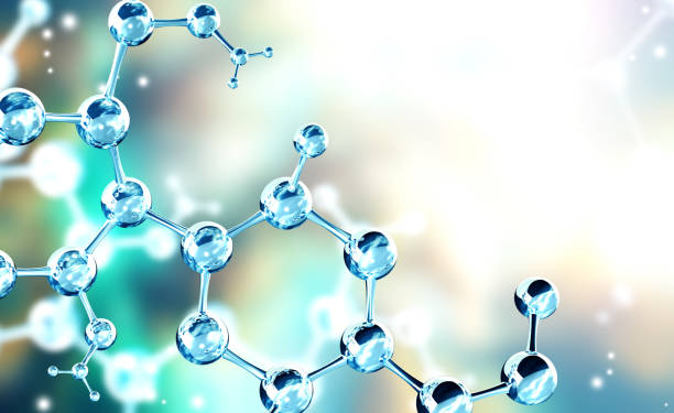istock Horizontal banner with model of abstract molecular structure. Background of blue color with glass atom model 1475925876