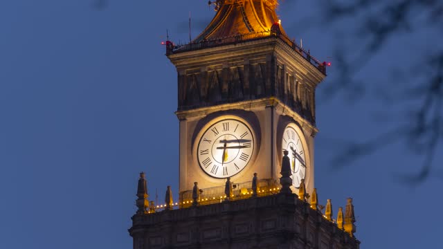 Time lapse view of a clock face close-up on a top of clock tower