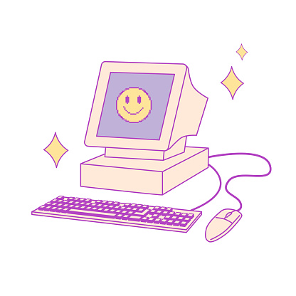 Retro computer, monitor, keyboard, mouse. 2000s style technology. Old style gadget. Nostalgia of 1990s, 2000s electronics devices. Y2K and retrowave style illustration
