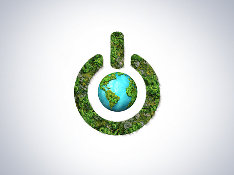 Planet Earth in power button. Earth hour concept. Earth day concept. 3d eco friendly design. Save the Earth concept.