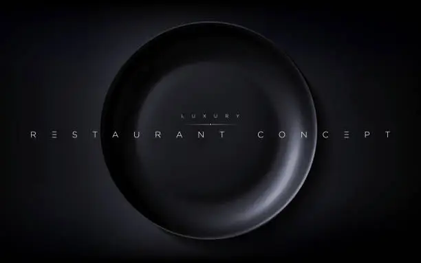 Vector illustration of Isolated realistic luxury black round plate on the dark table.