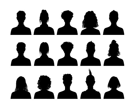 Set of silhouettes, Detailed Head Silhouettes of males and females, Male and female head avatars with outlines, faceless males and females head and shoulder avatar.