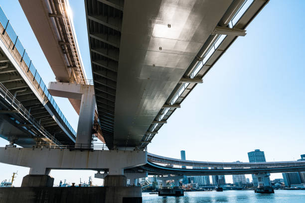 fondazione del ponte e pilastro di un'autostrada elavata sopra una città - skyscraper low angle view city urban scene foto e immagini stock