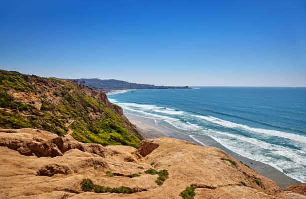 Cliffs above Black's Beach Steep, eroded cliffs with a zigzag path to Black's Beach, California. Scripps Pier and La Jolla Cove in the distance erosion control stock pictures, royalty-free photos & images