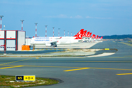 The runway of the new Istanbul Airport with Turkish Airlines aircraft lined up.