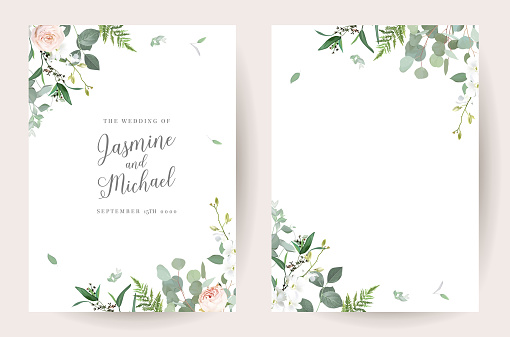Floral eucalyptus selection vector frames. Hand painted branches, pink rose flowers, leaves on white background. Greenery wedding invitations. Watercolor style cards.Elements are isolated and editable