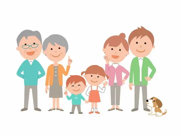 Vector illustration of 3 generations of family and pets all in one body