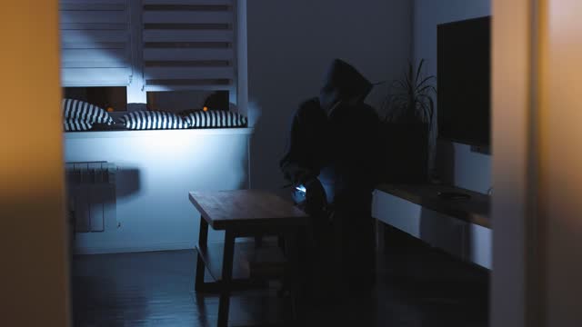 An unrecognizable masked burglar has broken into the apartment and is looking for valuables to steal. A man in dark clothes and with a flashlight in his hands steals a laptop