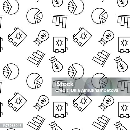 istock Seamless vector monochrome pattern of money bag, pie chart, safe for covers, shops, wrappers, sites, apps 1475966045