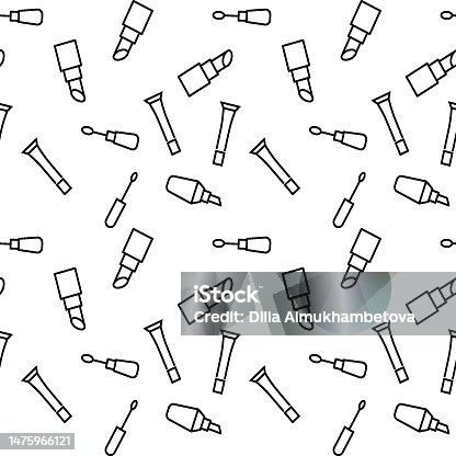 istock Seamless vector repeating pattern of lip stick, lip tint, lip gloss is made of line icons for polygraphy and websites 1475966121