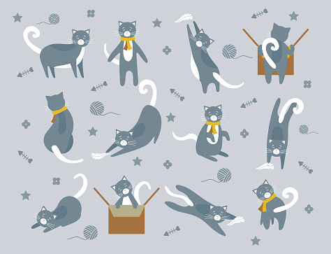 Gray cats set. Vector illustration. The vector illustration depicts a playful and cozy scene where cats are seen participating in various activities such as playing and sleeping in different poses. The cats are portrayed in a whimsical and adorable style, with expressive cute faces. The illustration captures the essence of feline behavior, with the cats engaged in typical activities such as batting at a toy, grooming themselves, or simply napping. Overall, the vector illustration conveys a sense of warmth and comfort associated with cats, inviting the viewer to appreciate the beauty and charm of these beloved animals.