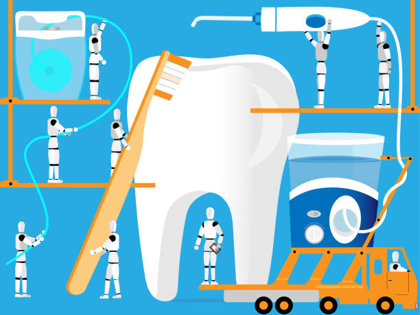 ilustrações de stock, clip art, desenhos animados e ícones de artificial intelligence dentistry - human teeth defending dental equipment brushing