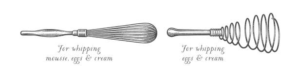 Whisks for whipping mousse, eggs and cream. Hand drawn engraving style vector illustration.