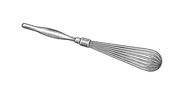 Whisk for whipping mousse, eggs and cream. Сookbook etching illustration. Hand drawn engraving style vector illustration.