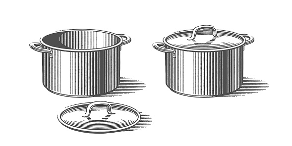 Metal saucepans with lid on it. Сookbook etching illustration. Hand drawn engraving style vector illustration.
