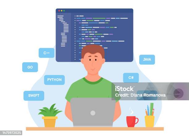Programmer Coding Concept Man Writing Code At Laptop Develops Program ...