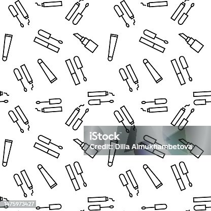 istock Seamless vector repeating pattern of various cosmetics for lips is made of line icons for polygraphy and websites 1475973427