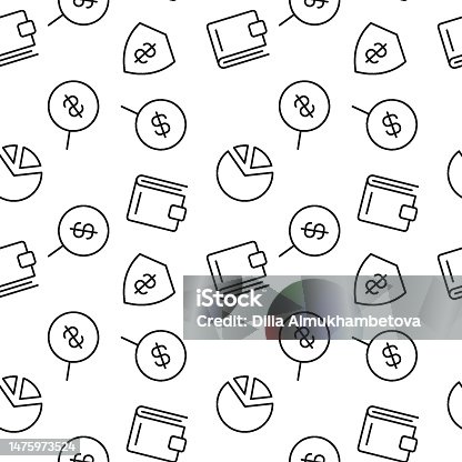 istock Seamless vector monochrome pattern of pie chart, dollar, wallet, money for covers, shops, wrappers, sites, apps 1475973524