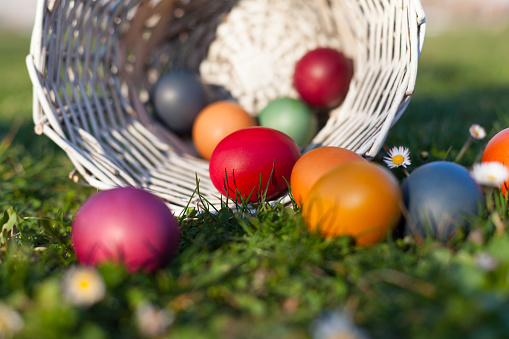 Closeup wooden basket with Easter eggs on grass.
