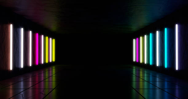 istock 3d rendering. Dark long corridor with neon lighting along the wall. 1475976106