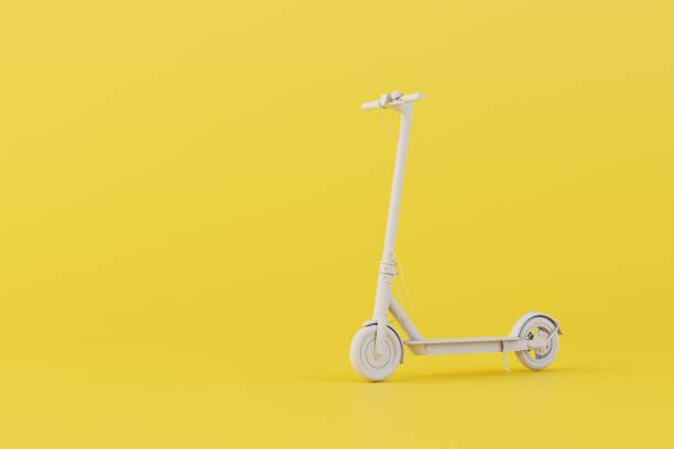 istock Model of electric scooter white color on a yellow background. copy paste, copy space. 3D render 1475978437