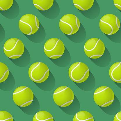 Tennis Balls seamless pattern on green background.