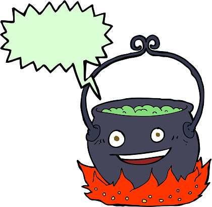 cartoon witch's cauldron with speech bubble
