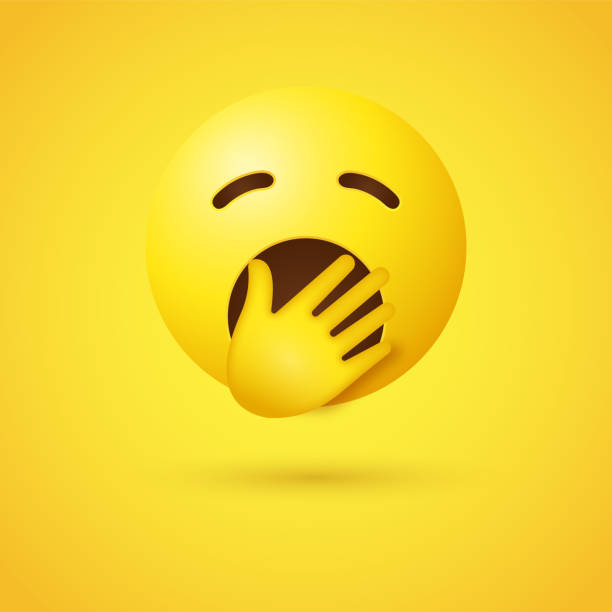 ilustrações de stock, clip art, desenhos animados e ícones de yawning emoji face feeling sleepy. yellow emoticon with closed eyes and open mouth covered by a hand. sleepy emotions - ideogram