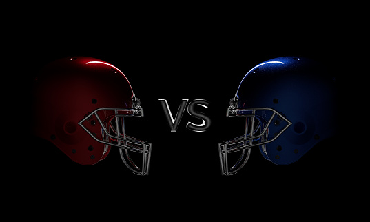 Dramatic 3D rendered Red vs. Blue football helmet over black background with clipping mask.