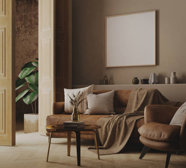 istock Poster frame mockup in brown living room with sofa,armchair and table.3d rendering 1475985304