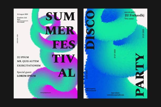 istock Modern poster design. Dynamic disco party flyer abstract liquid flow, fur curve wave music festival cover. Vector set 1475986031