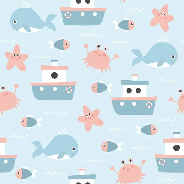 Vector illustration of Cute seamless pattern with boat, whale, starfish, crab and fish. Cartoon background with smiling marine animals.
