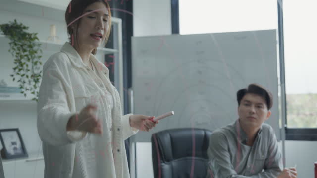 Young asian businesswoman standing in front transparent whiteboard and explain to plan for marketing target on new project.