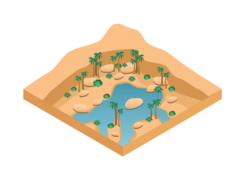 Oasis, Desert Mirage. Isometric vector illustration.