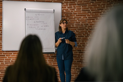 Serious adult businesswoman in eyeglasses standing near whiteboard and talking during seminar in spacious room with brick wall