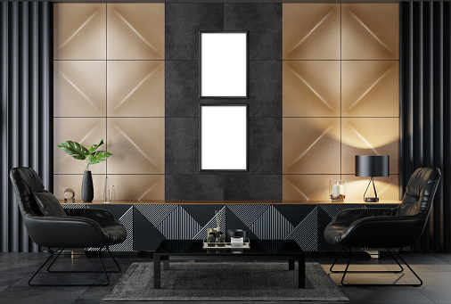 Wall paneling concept. Black modern and retro-style living room with black and dark materials. 3d rendering.