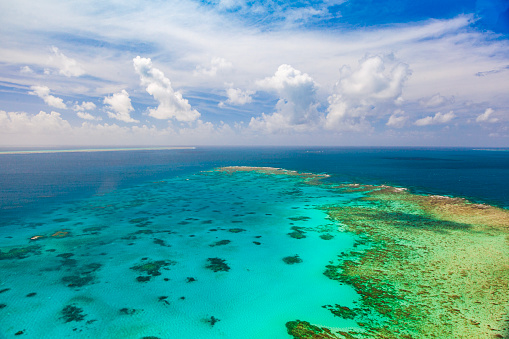 Beautiful turquoise waters of the Caribbean viewed from atop Tobago Cays.