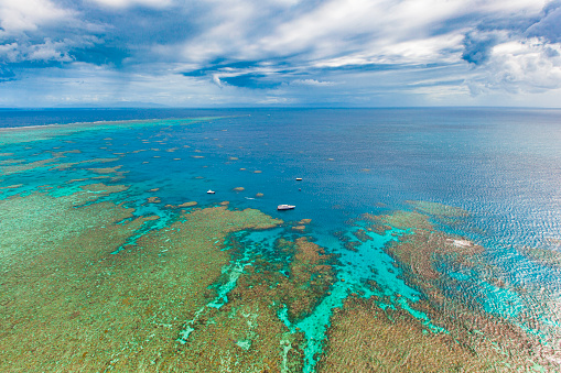 Aerial view Great Barrier Reef from sky out of air plane in Australia