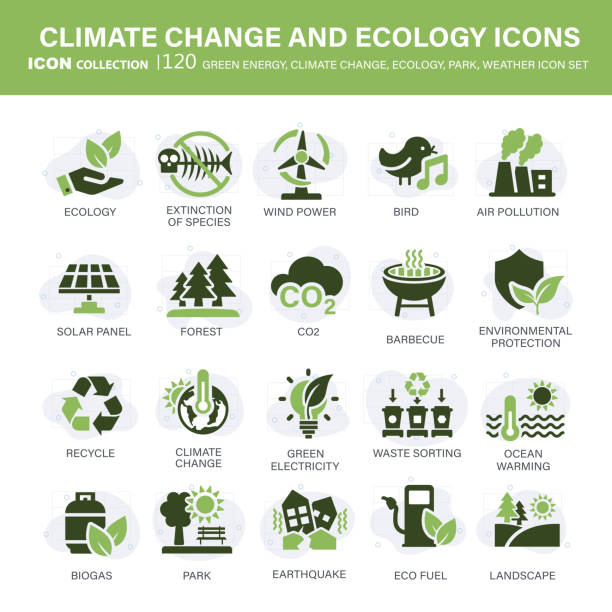 기후 변화, 생태, 녹색 에너지, 공원 및 날씨 아이콘 세트. 지구 온난화, 재생 가능 에너지, 온실, 녹는 얼음, 지구 오염, 야외 활동을 포함합니다. 평면 벡터 그림 - global warming pollution deforestation carbon dioxide stock illustrations