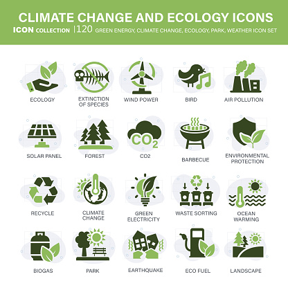 Climate change, ecology, green energy, park and weather icon set. Containing global warming, renewable energy, greenhouse, melting ice, earth pollution, outdoor activity. Flat vector illustration