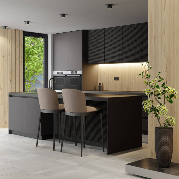 istock Modern minimalist kitchen with long island with stools. Oak wood and dark cabinets. 1475994729