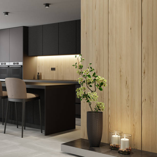 istock Modern minimalist kitchen with long island with stools. Oak wood and dark cabinets. 1475994746