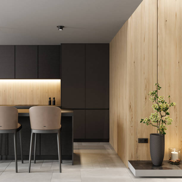 istock Modern minimalist kitchen with long island with stools. Oak wood and dark cabinets. 1475994749