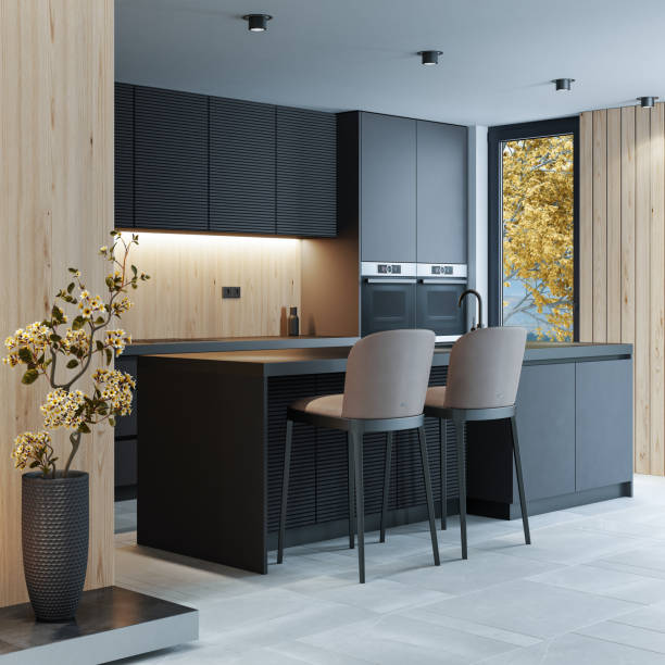 istock Modern minimalist kitchen with long island with stools. Oak wood and dark cabinets. 1475994804