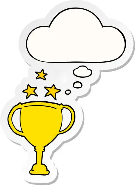 Vector illustration of cartoon sports trophy with thought bubble as a printed sticker