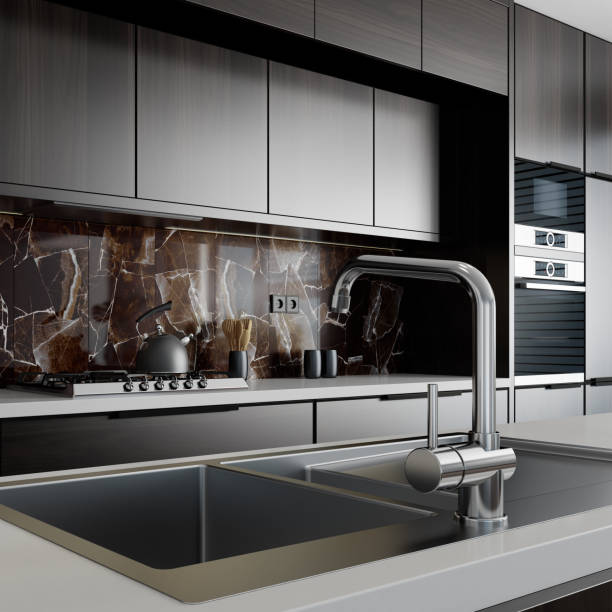 istock Luxury black minimalist Italian style open space kitchen with big long kitchen island. 1475995112