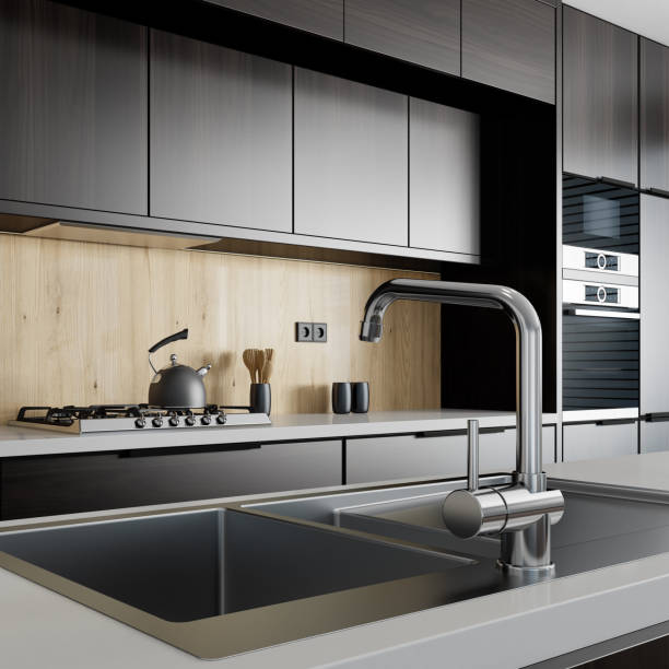 istock Luxury black minimalist Italian style open space kitchen with big long kitchen island. 1475995114