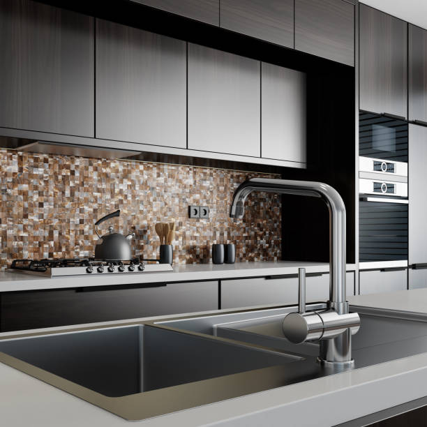 istock Luxury black minimalist Italian style open space kitchen with big long kitchen island. 1475995350
